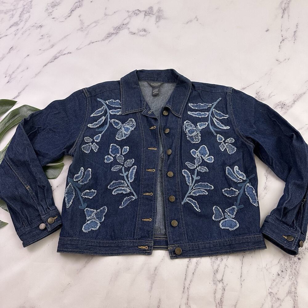 Van Heusen Womens Vintage Y2k Denim Jacket Size L Blue Floral Patchwork Jean